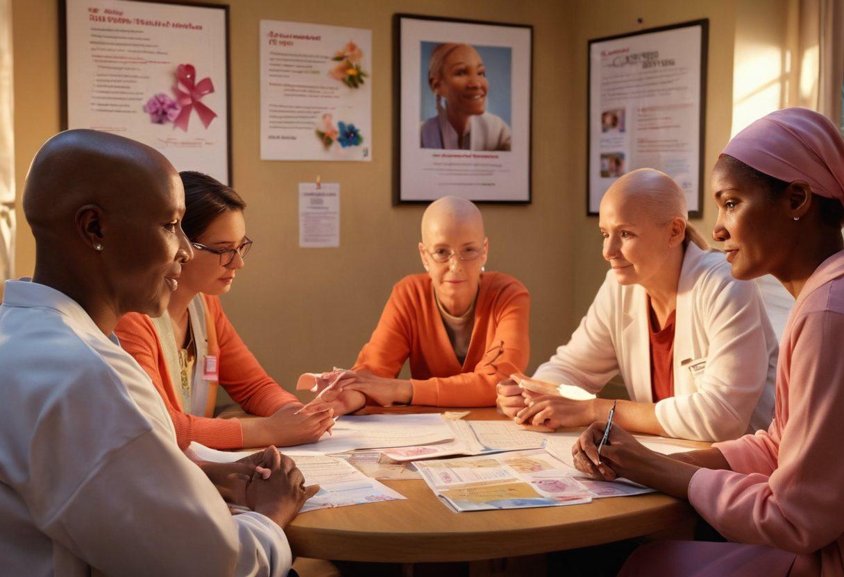 A compassionate scene depicting a diverse group of cancer patients and advocates engaged in a supportive discussion, surrounded by educational materials and informational posters. Include symbols of hope like ribbons and flowers, with a backdrop that conveys strength and resilience. Soft warm lighting to evoke empathy and connection. super-realistic. vibrant colors. inspirational setting.
