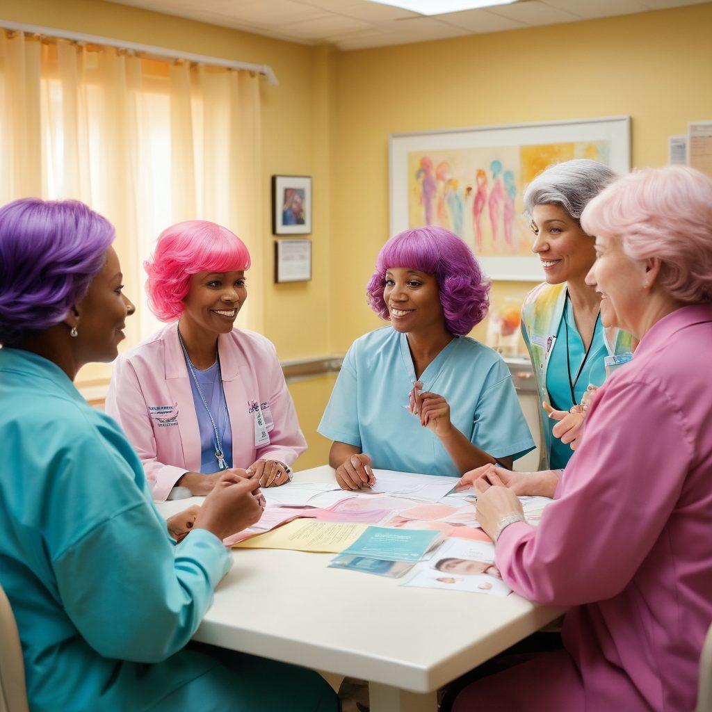 A dynamic scene depicting a diverse group of oncology patients and their supporters engaged in a lively discussion, surrounded by healing tools like wigs, support pamphlets, and colorful wellness items. In the background, a hospital setting with warm lighting signifies hope and care. A powerful message of unity and strength is emphasized through expressive gestures and supportive interactions. soft pastel colors. vibrant. super-realistic.