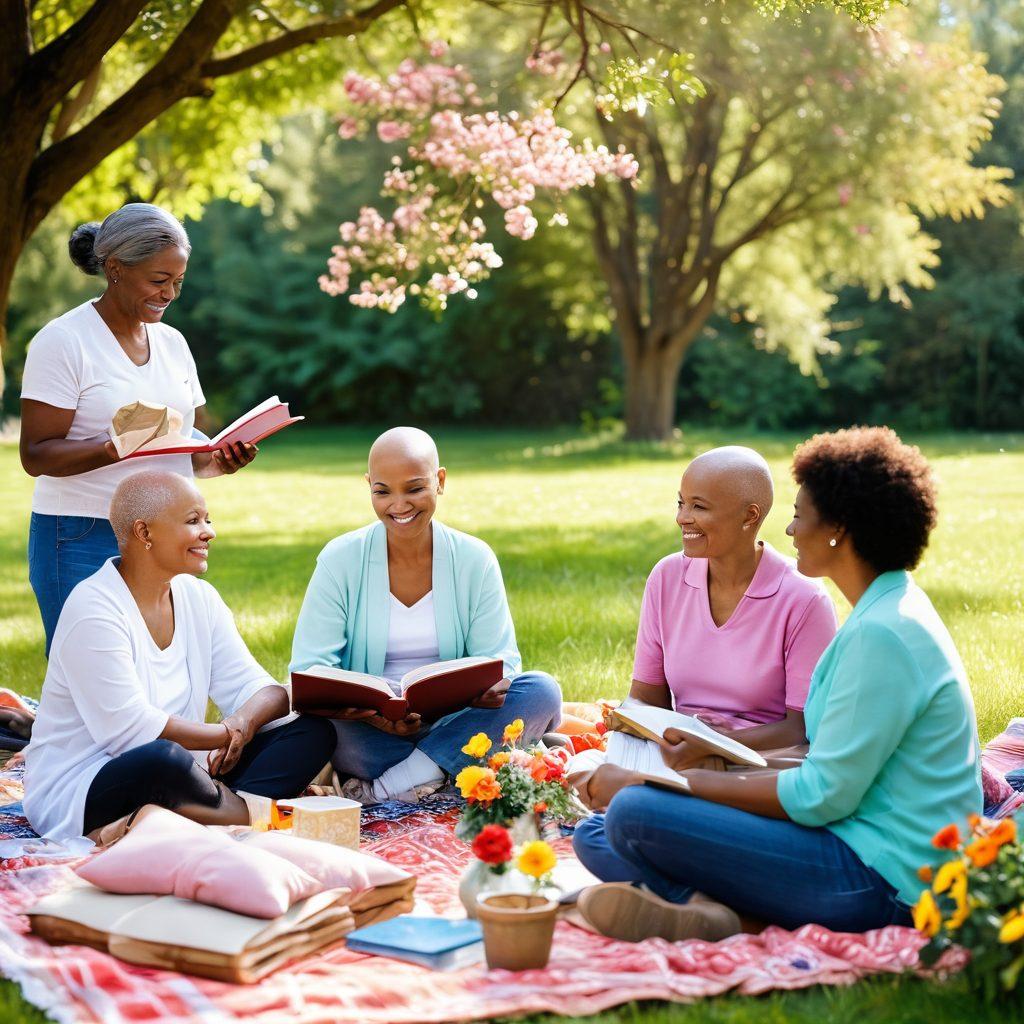 A compassionate, warm scene depicting a diverse group of cancer survivors sharing stories and support in a sunny outdoor setting, surrounded by colorful flowers symbolizing hope and resilience. Books and resources are subtly incorporated, like a guide on a picnic blanket. The atmosphere is uplifting and empowering, capturing the journey from diagnosis to survivorship. vibrant colors. soft focus. nature background.